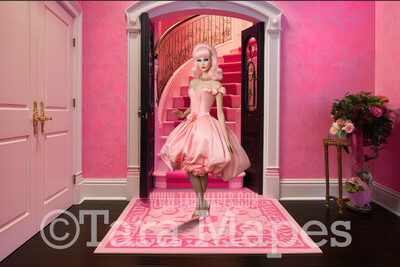 Pink Doll House Entrance Digital Backdrop - Pink Dollhouse Door Digital Background