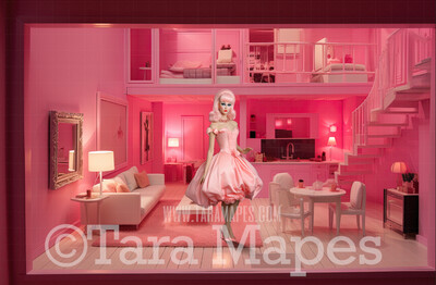 Pink Doll House Digital Backdrop - Pink Dollhouse Digital Background