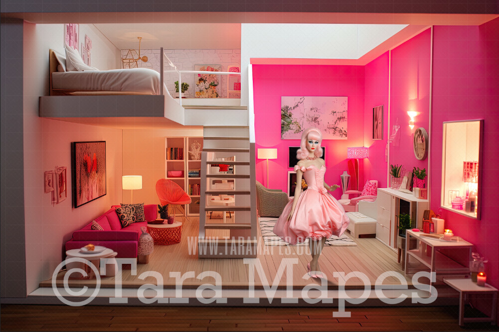 Pink Doll House Digital Backdrop - Pink Dollhouse Digital Background