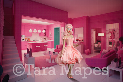 Dollhouse Beach House Livingroom Digital Backdrop -  Pink doll house living room Digital Background