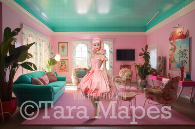 Dollhouse Beach House Livingroom Digital Backdrop -  Pink doll house living room Digital Background