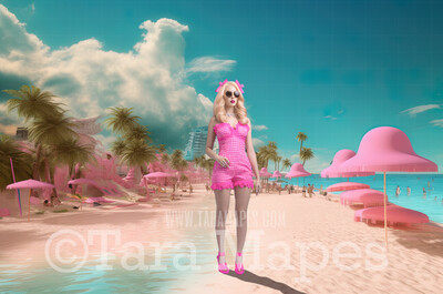 Doll Beach Digital Backdrop -  Pink Beach with Mansions - Turquoise Ocean Pink Beach Digital Background