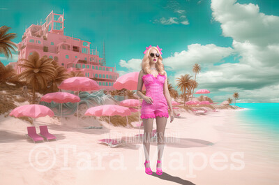 Doll Beach Digital Backdrop -  Pink Beach with Mansions - Turquoise Ocean Pink Beach Digital Background