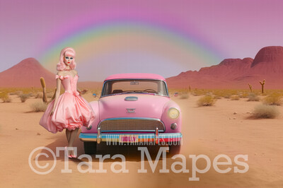 Pink Doll Car Digital Backdrop -  PInk Toy Car in Desert - Doll Sports Car Digital Background