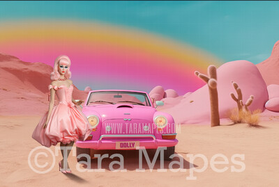 Pink Doll Car Digital Backdrop -  Pink Toy Car in Desert - Doll Sports Car Digital Background