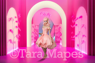 Pink Doll House Entrance Digital Backdrop - Pink Dollhouse Door Digital Background