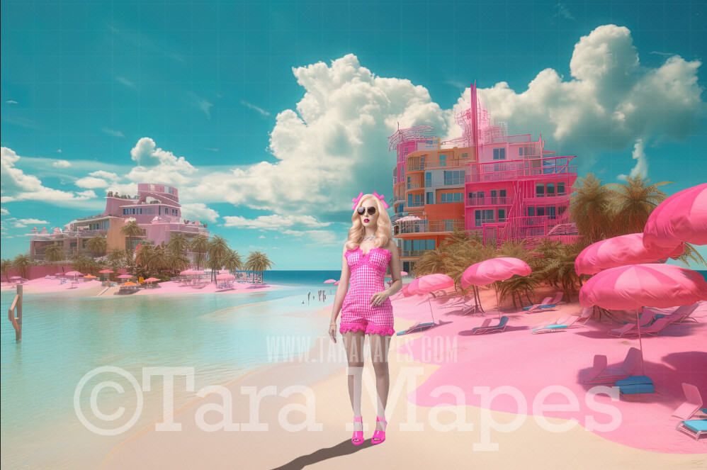 Doll Beach Digital Backdrop -  Pink Beach with Mansions - Turquoise Ocean Pink Beach Digital Background