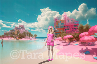 Doll Beach Digital Backdrop -  Pink Beach with Mansions - Turquoise Ocean Pink Beach Digital Background