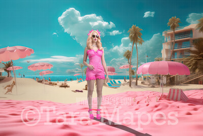 Doll Beach Digital Backdrop -  Pink Beach with Mansions - Turquoise Ocean Pink Beach Digital Background