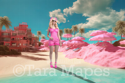 Doll Beach Digital Backdrop -  Pink Beach with Mansions - Turquoise Ocean Pink Beach Digital Background
