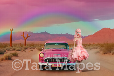Pink Doll Car Digital Backdrop -  Pink Toy Car in Desert - Doll Sports Car Digital Background