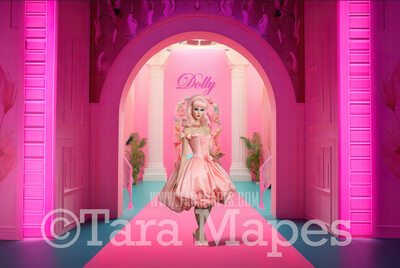 Pink Doll House Entrance Digital Backdrop - Pink Dollhouse Door Digital Background