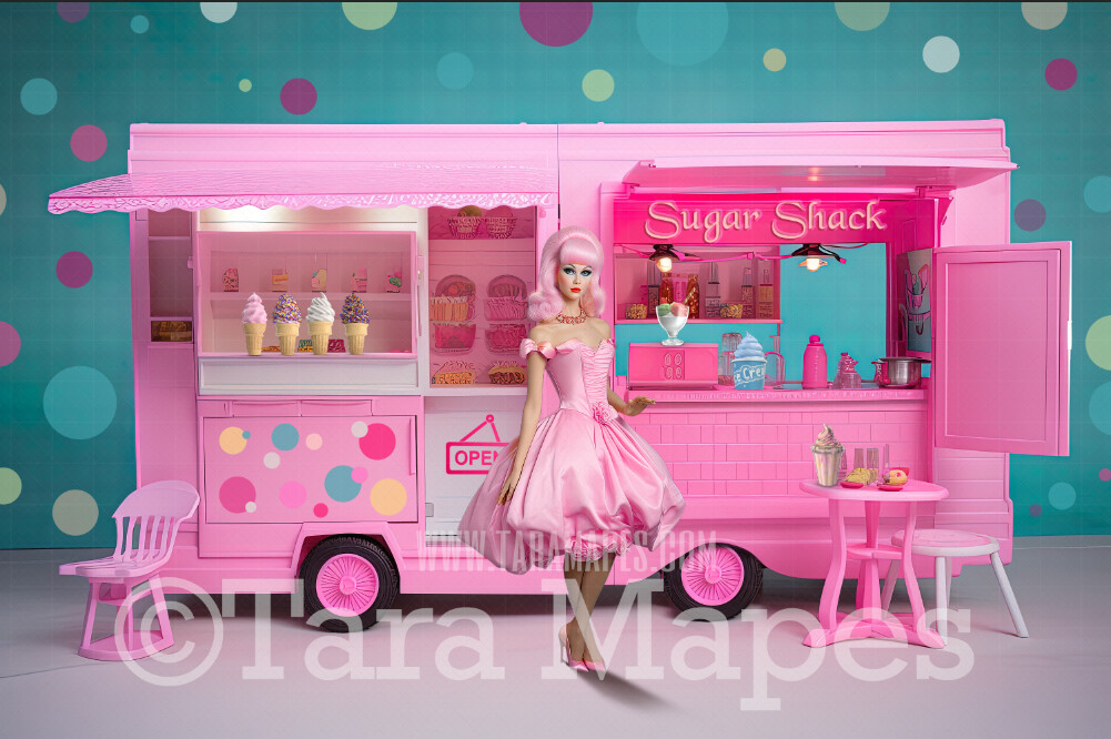Pink Doll House Ice Cream Truck Digital Backdrop - Pink Dollhouse Sweet Shop