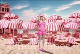 Doll Beach Digital Backdrop -  Pink Beach with Mansions and Umbrellas - Doll Beach Digital Background