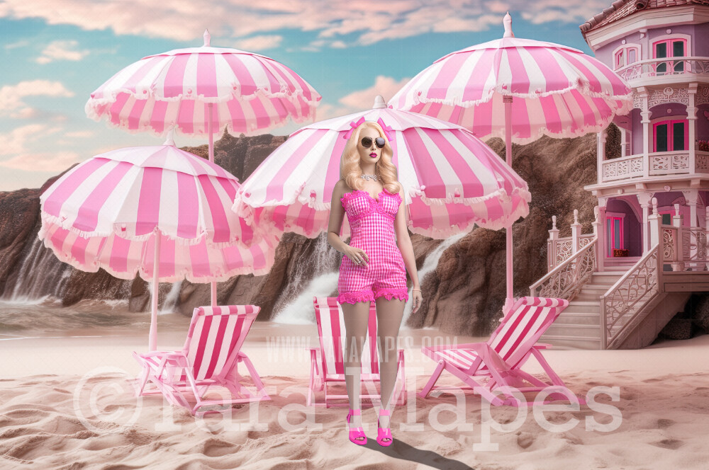 Doll Beach Digital Backdrop -  Pink Beach with Mansions and Umbrellas - Doll Beach Digital Background