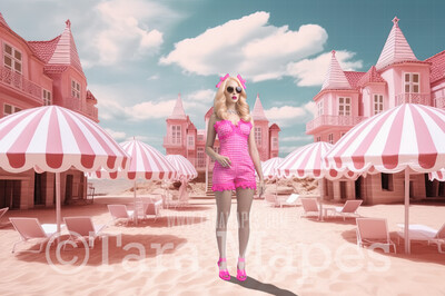 Doll Beach Digital Backdrop -  Pink Beach with Mansions and Umbrellas - Doll Beach Digital Background