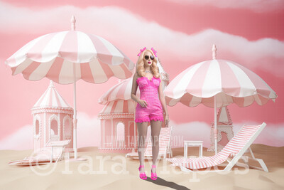 Doll Beach Digital Backdrop -  Pink Beach with Mansions and Umbrellas - Doll Beach Digital Background