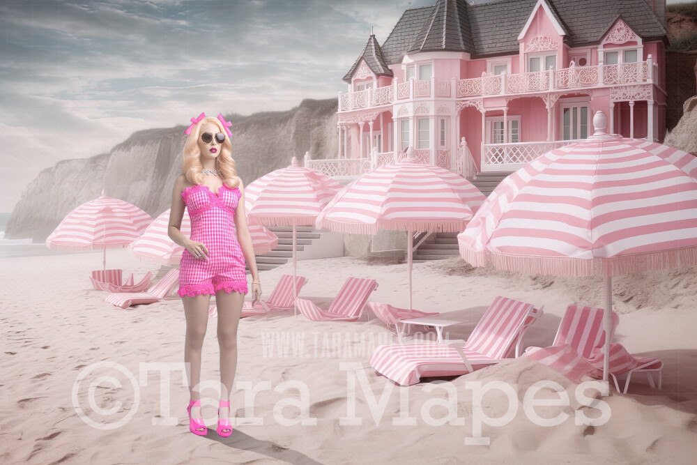 Doll Beach Digital Backdrop -  Pink Beach with Mansions and Umbrellas - Doll Beach Digital Background