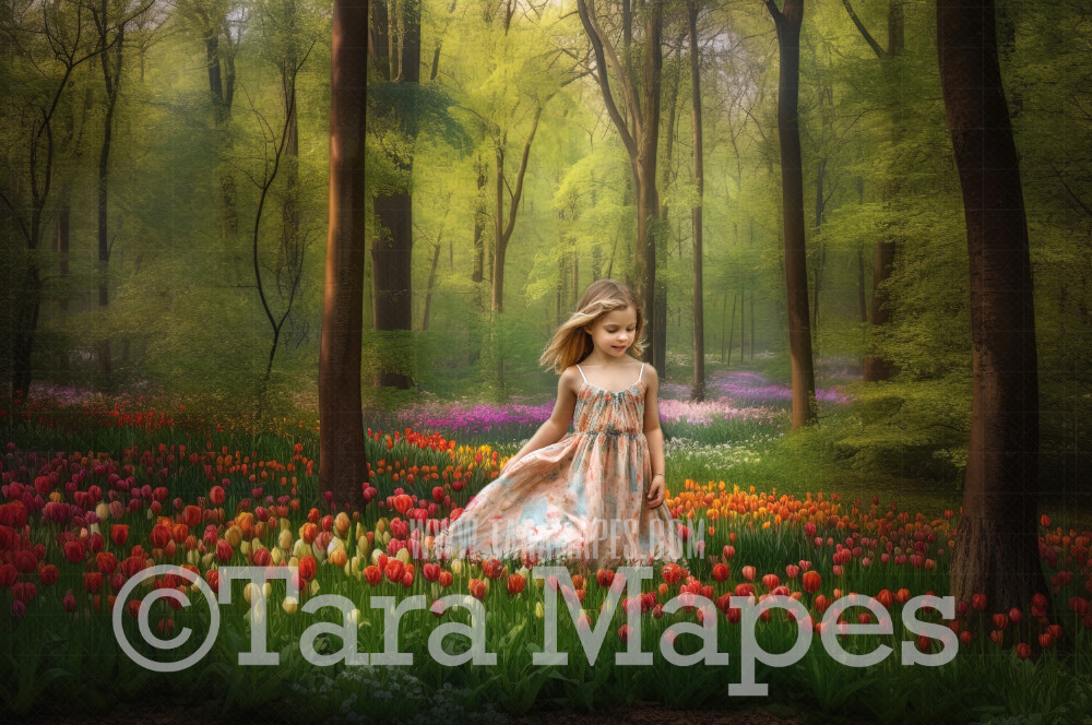 Painterly Field of Tulips Digital Backdrop -  Forest of Tulips Digital Background JPG