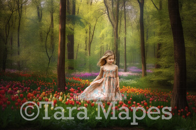 Painterly Field of Tulips Digital Backdrop -  Forest of Tulips Digital Background JPG