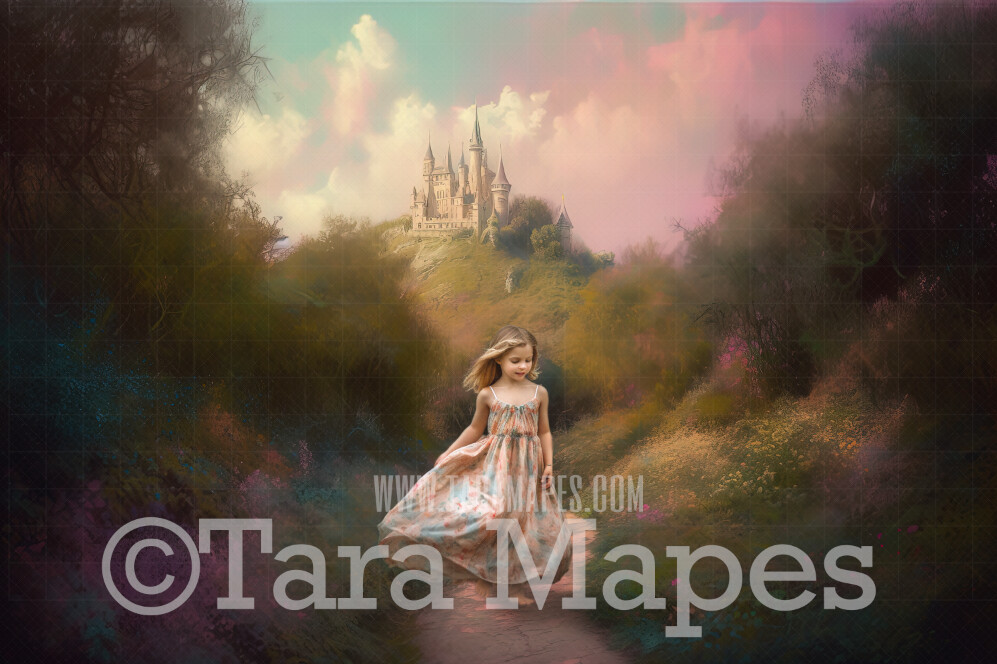 Painterly Path to a Castle Digital Backdrop -  Painted Fairytale Scene of a Path Leading to a Castle - Painterly Castle Digital Background JPG