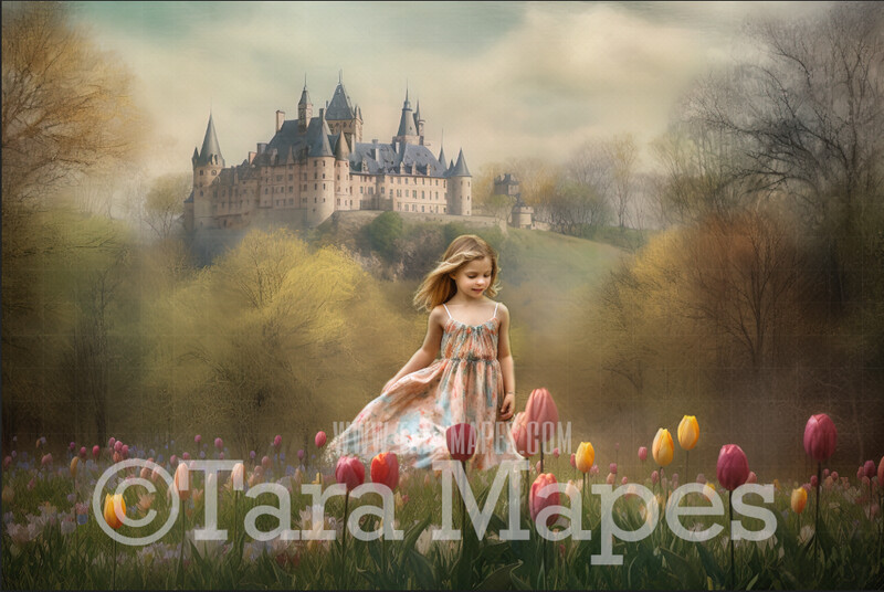 Painterly Field of Tulips Digital Backdrop -  Painted Fairytale Scene of Tulips Leading to a Castle - Painterly Castle Digital Background JPG