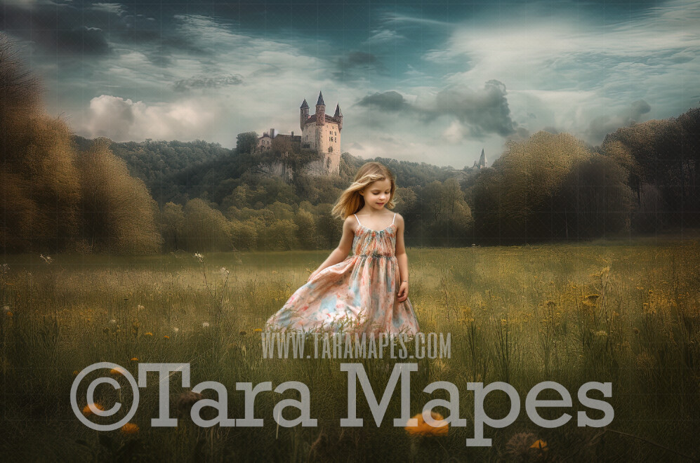 Painterly Field of Flowers Digital Backdrop -  Painted Fairytale Scene of Flowers with a  Castle - Painterly Castle Digital Background JPG