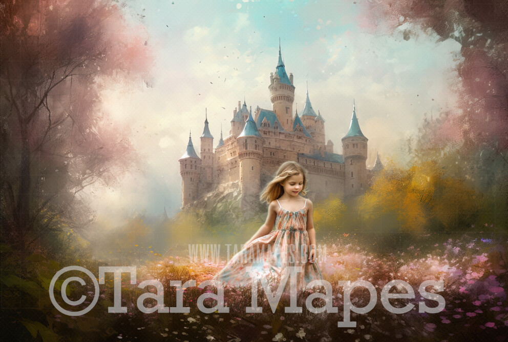 Painterly Field of Flowers Digital Backdrop -  Painted Fairytale Scene of Flowers with a  Castle - Painterly Castle Digital Background JPG