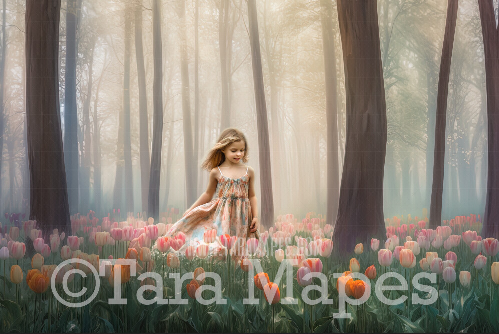 Painterly Field of Tulips Digital Backdrop -  Forest of Tulips Digital Background JPG