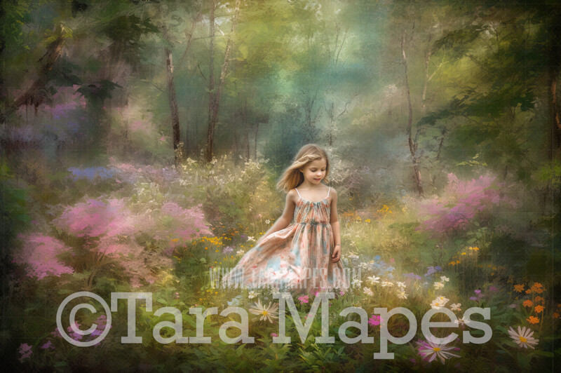 Painterly Forest of Wildflowers Digital Backdrop -  Painted Forest of Flowers Digital Background JPG