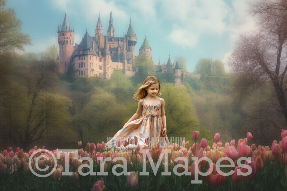 Painterly Field of Tulips Digital Backdrop -  Painted Fairytale Scene of Tulips Leading to a Castle - Painterly Castle Digital Background JPG