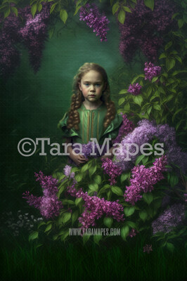 Painterly Lilacs Digital Backdrop -  Painted Lilac Bush Digital Background - Painterly Purple Flowers on Blurred Green Background JPG
