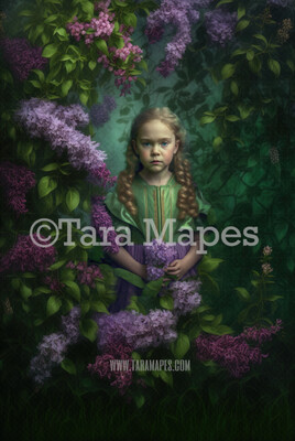 Painterly Lilacs Digital Backdrop -  Painted Lilac Bush Digital Background - Painterly Purple Flowers on Blurred Green Background JPG