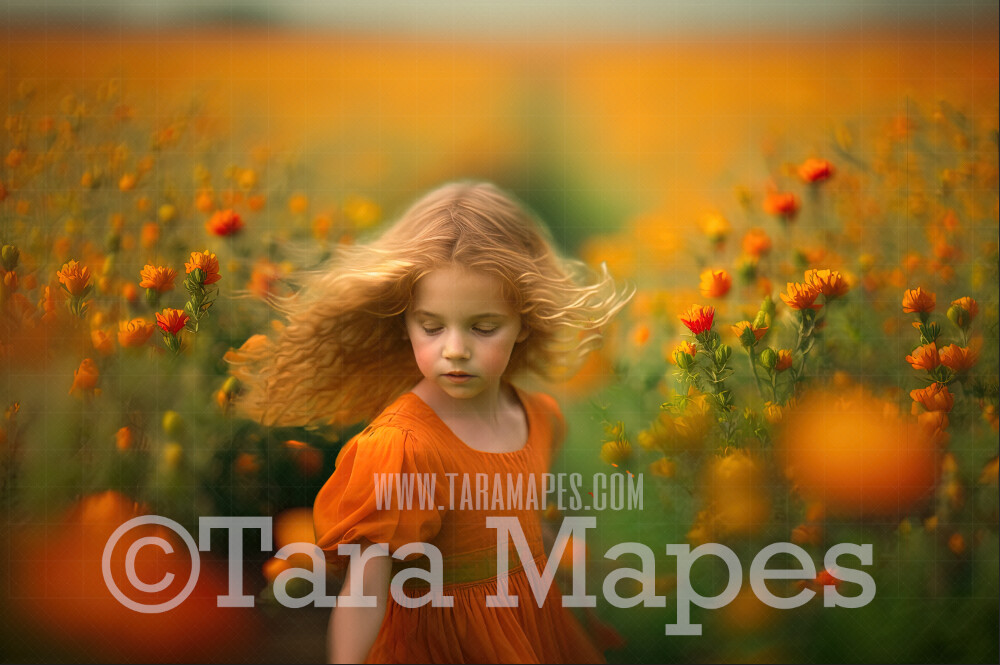 Painterly Field of Orange Flowers Digital Backdrop -  Painted Fairytale Scene of Flowers - Painterly Flower Field Digital Background JPG