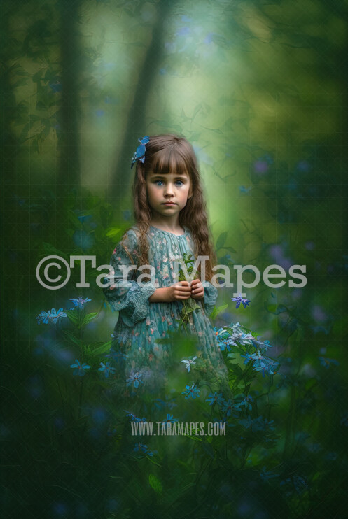 Painterly Flowers in a Forest Digital Backdrop -  Painted Blue Wildflowers in a Forest Digital Background - Painterly Flowers on Blurred Green Background JPG