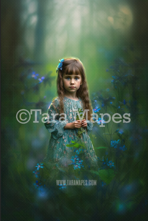 Painterly Flowers in a Forest Digital Backdrop -  Painted Blue Wildflowers in a Forest Digital Background - Painterly Flowers on Blurred Green Background JPG