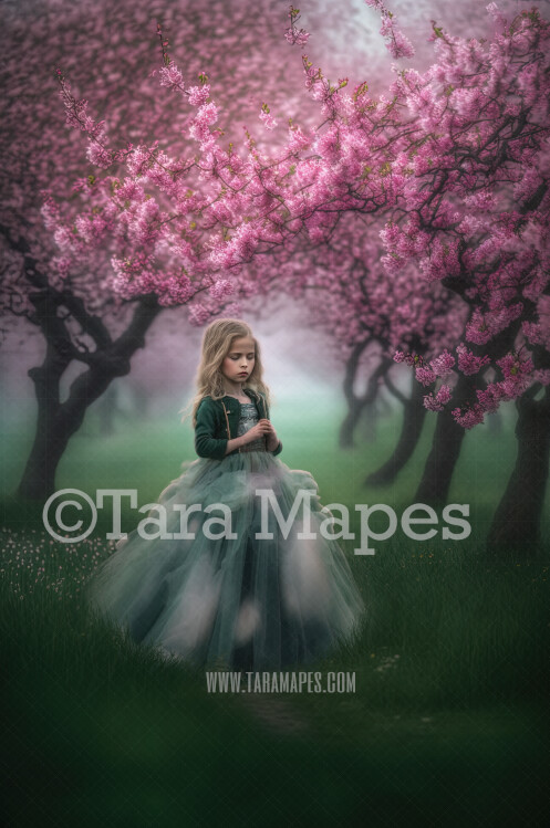 Painterly Cherry Blossom Trees Digital Backdrop -  Painted Cherry Blossom Forest - Misty Cherry Trees with Path on Blurred Green Background JPG