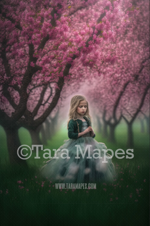 Painterly Cherry Blossom Trees Digital Backdrop -  Painted Cherry Blossom Forest - Misty Cherry Trees with Path on Blurred Green Background JPG
