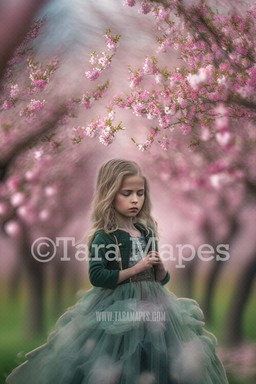 Painterly Cherry Blossom Trees Digital Backdrop -  Painted Cherry Blossom Forest - Misty Cherry Trees with Path on Blurred Green Background JPG