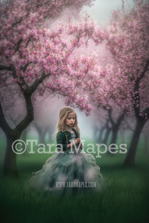 Painterly Cherry Blossom Trees Digital Backdrop -  Painted Cherry Blossom Forest - Misty Cherry Trees with Path on Blurred Green Background JPG