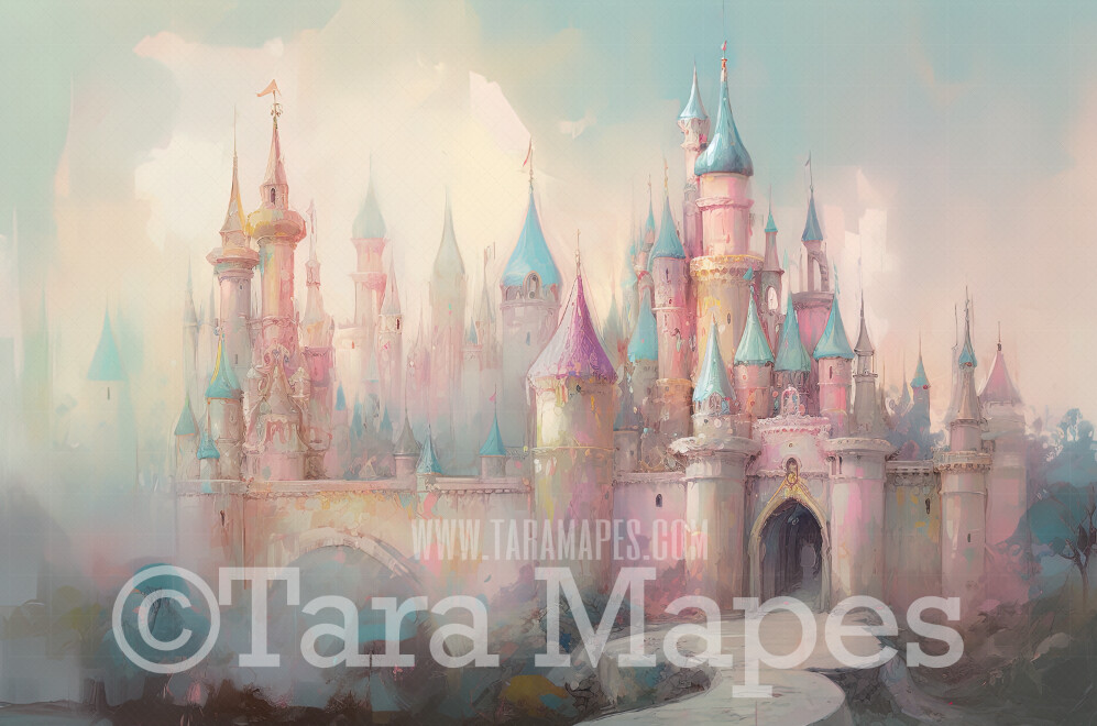 Painterly Princess Castle Digital Backdrop -  Painted Castle Digital Backdrops - Watercolor Style Painterly Castle Digital Background JPG