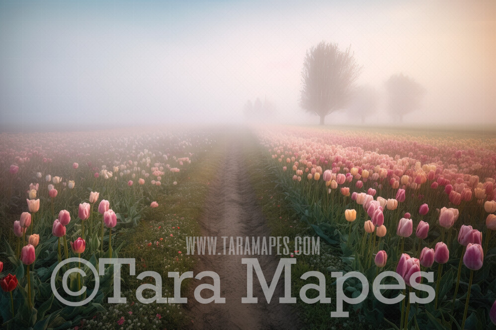 Painterly Field of Tulips Digital Backdrop -  Misty Field of Tulips Digital Background JPG