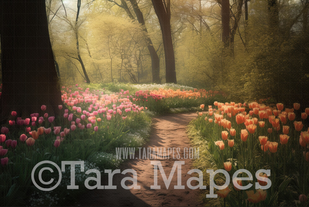 Painterly Field of Tulips Digital Backdrop -  Misty Tulips in Forest Digital Background JPG