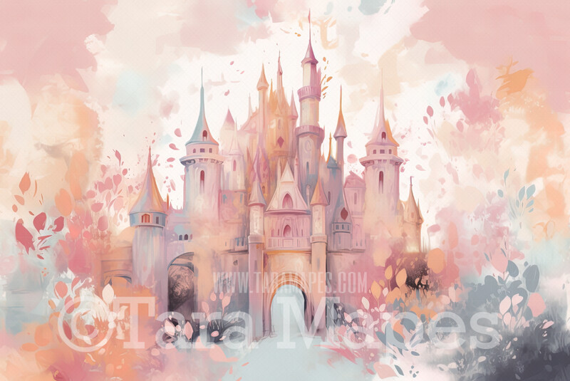 Painterly Princess Castle Digital Backdrop -  Painted Castle Digital Backdrops - Watercolor Style Painterly Castle Digital Background JPG