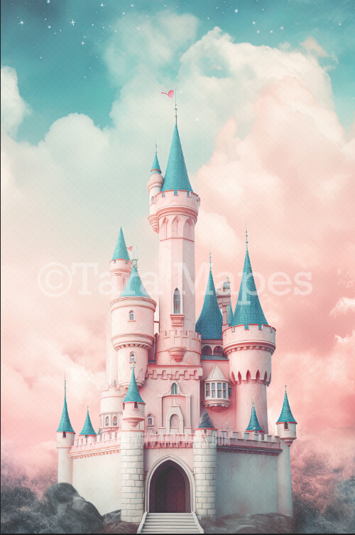 Painterly Princess Castle Digital Backdrop -  Painted Castle Digital Backdrops - Watercolor Style Painterly Castle Digital Background JPG