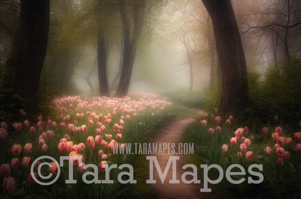 Painterly Field of Tulips Digital Backdrop -  Misty Tulips in Forest Digital Background JPG