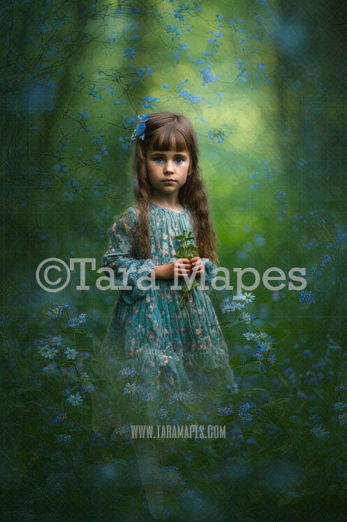 Painterly Flowers in a Forest Digital Backdrop -  Painted Blue Wildflowers in a Forest Digital Background - Painterly Flowers on Blurred Green Background JPG