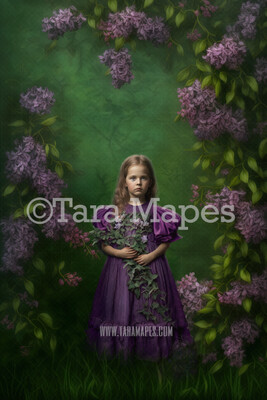 Painterly Lilacs Digital Backdrop -  Painted Lilac Bush Digital Background - Painterly Purple Flowers on Blurred Green Background JPG