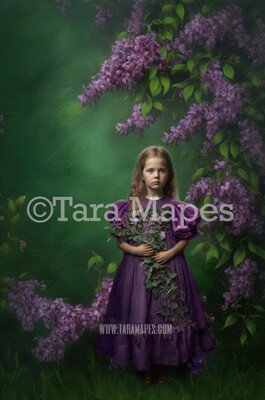 Painterly Lilacs Digital Backdrop -  Painted Lilac Bush Digital Background - Painterly Purple Flowers on Blurred Green Background JPG