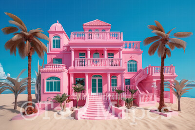 Pink Mansion Digital Backdrop - Doll Mansion on Beach Digital Backdrop - Beach Mansion Digital Background
